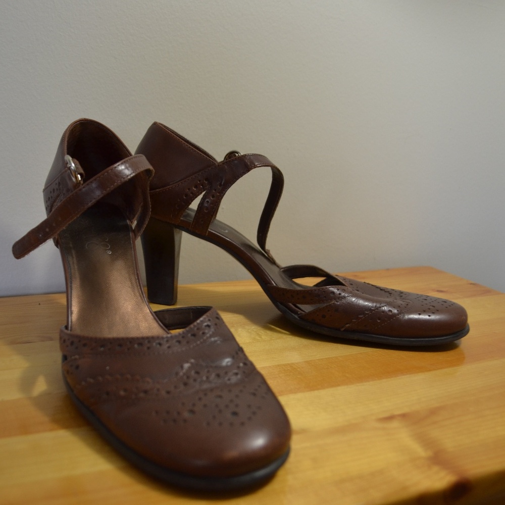 Franco Sarto brown ankle strap brogue heels